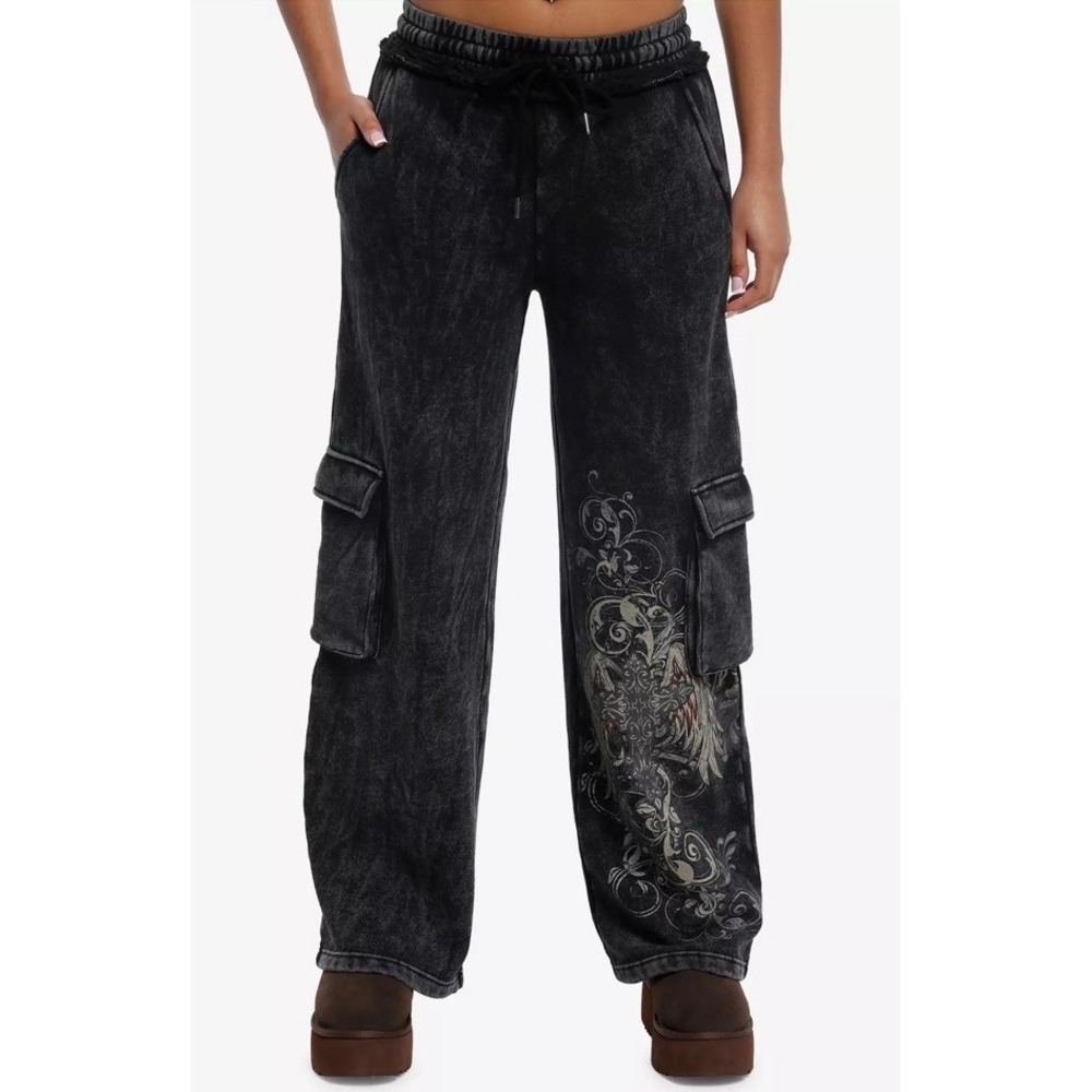 Skull Filigree Dark Wash Cargo Wide Leg Sweatpants NWT SIZE SM